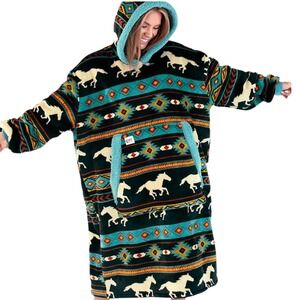 LAZY ONE Horse Fair Isle Blanket Hoodie Oversized Sherpa Fleece Teal One Size
